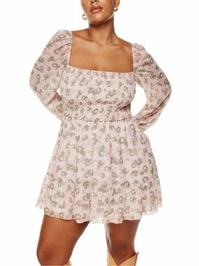 Wilfred Floral Smocked Mini Dress Pink Green Long Sleeve Square Neck Womens L